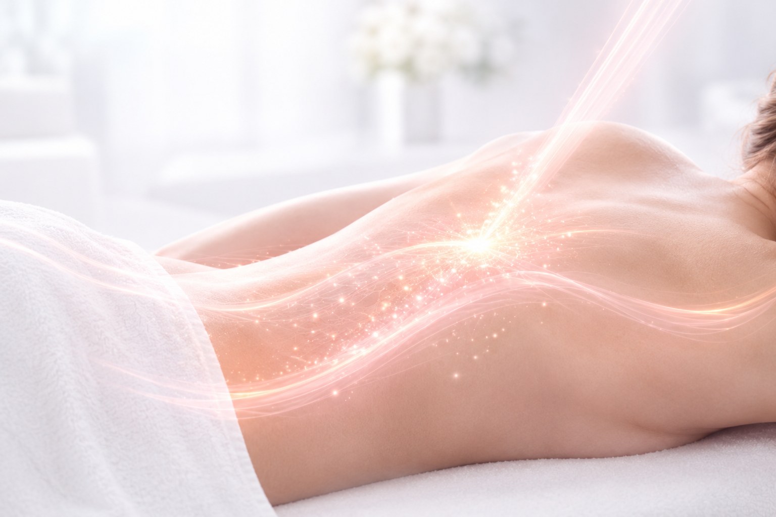 Séance de photobiomodulation LED : faisceau de lumière appliqué sur la peau d'une patiente allongée, au Groupe Médical Langlois à Antony
