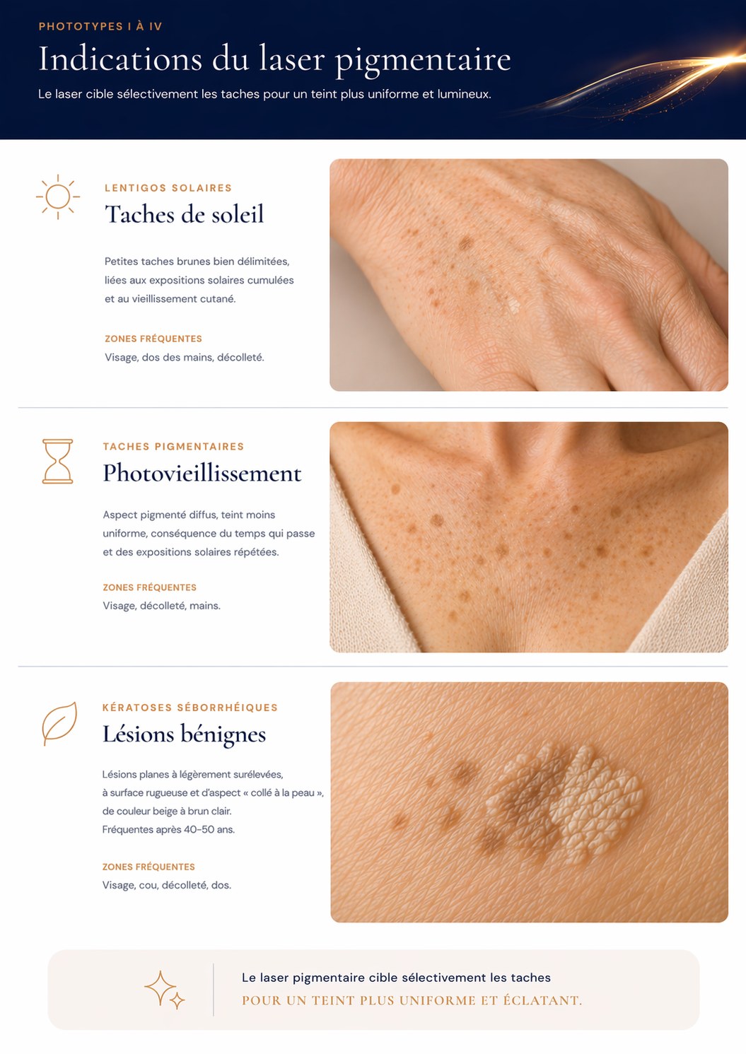 Indications du laser pigmentaire — lentigos solaires, photovieillissement, kératoses séborrhéiques