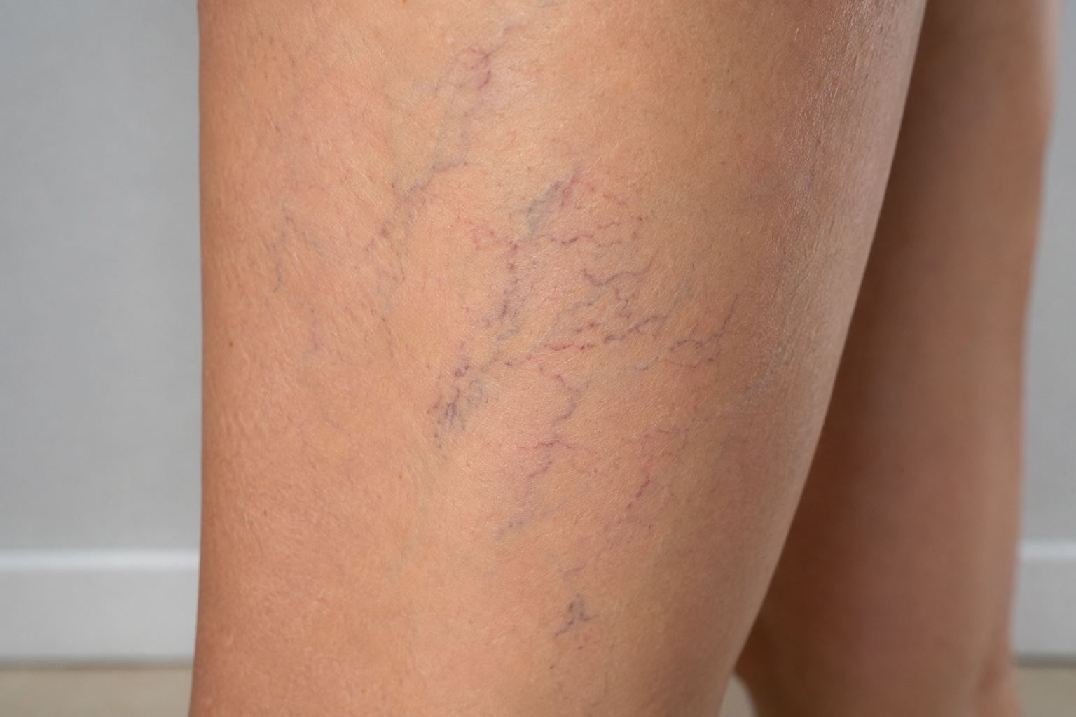 Varicosités et petits vaisseaux visibles sur la jambe avant traitement laser vasculaire